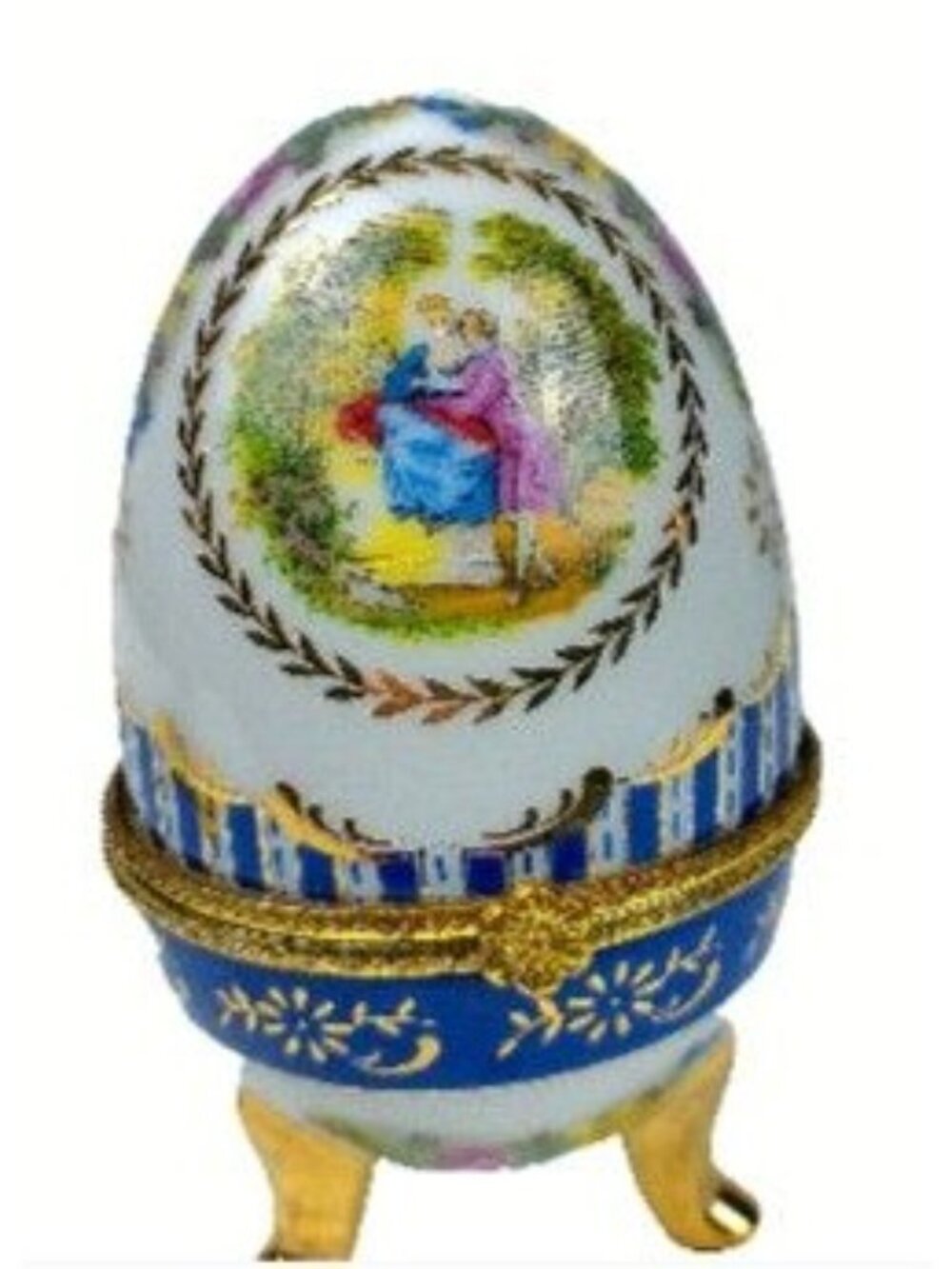 Limoges Style 24K Porcelain Egg Trinket Box Courting Couple  Blue Gold